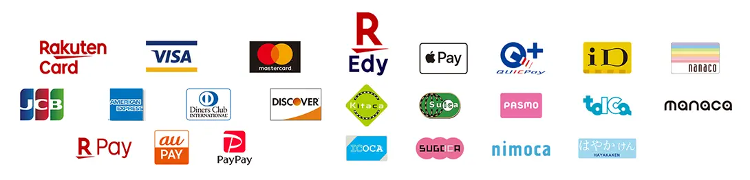 楽天カード、VISA、MASTER、JCB、AMERICAN EXPRESS,Diners Club,DICOVER,楽天pay、au PAY、PayPay、Edy、Apple Pay、GUICPay、iD、nanco、Kitaca、Suica、PASMO、toica、manaca、ICOCA、SUGOCA、nimoca、はやかけん